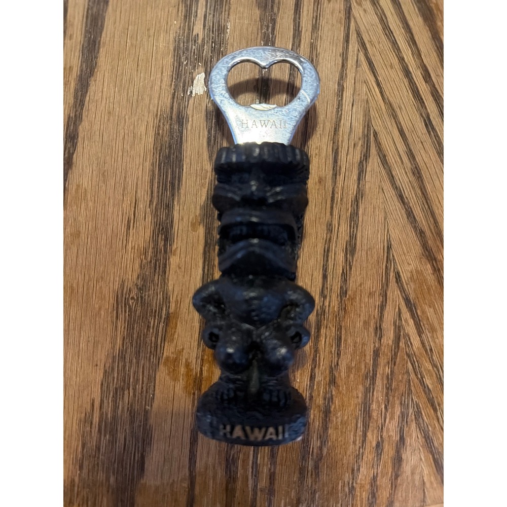 Vintage Hawaii Tiki Bottle Opener Black Resin Heart Cutout Souvenir Barware